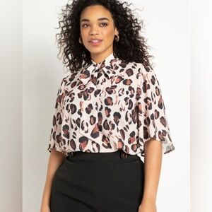 Eloquii Animal Print Bow Blouse with Flutter Sleeve